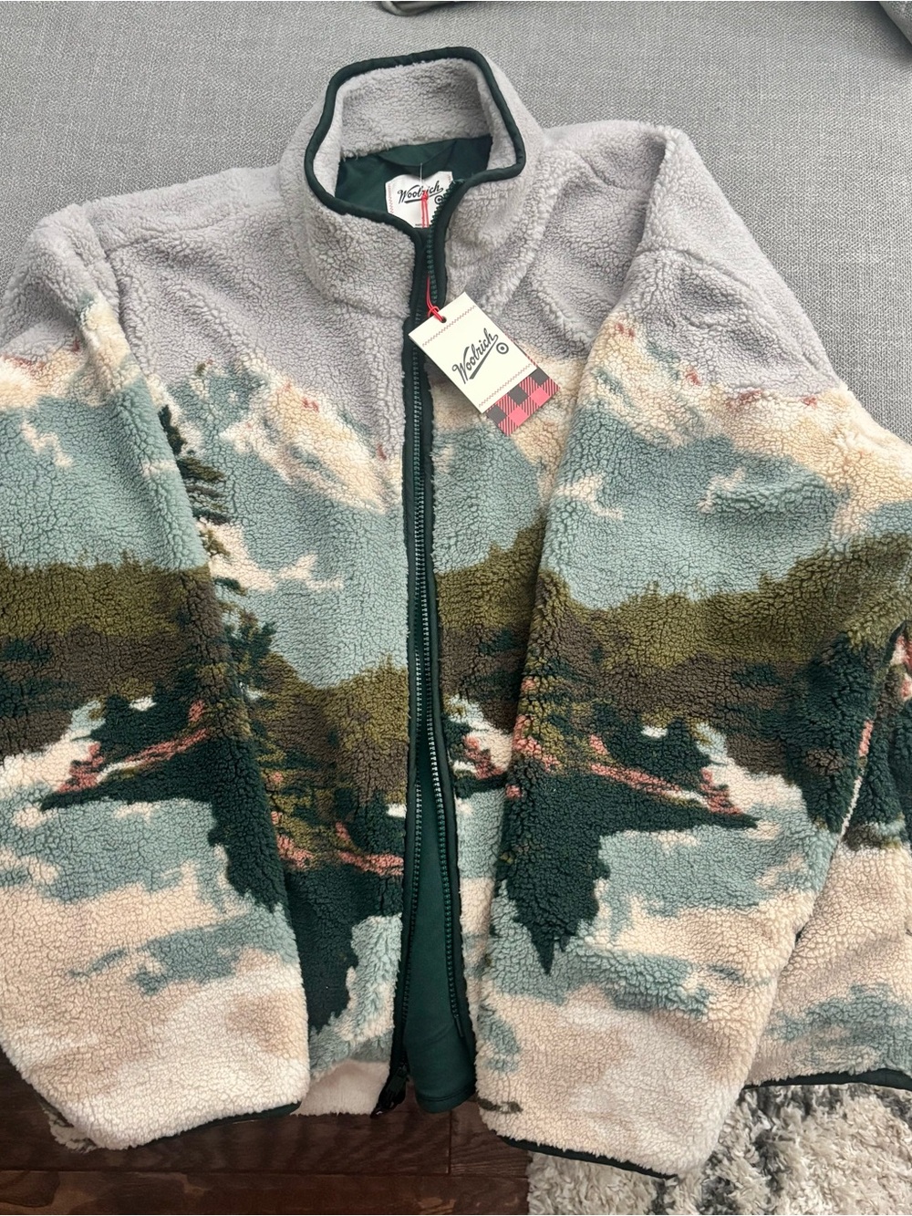 Woolrich Plush Sherpa Zip Jacket in Cream and Green